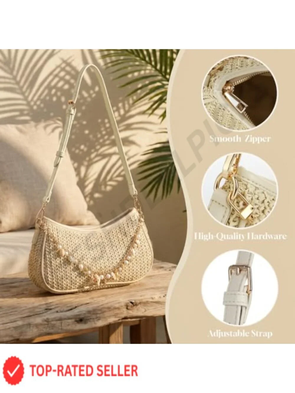 Woven Straw Hobo Shoulder Bag with Beach Charm Chain